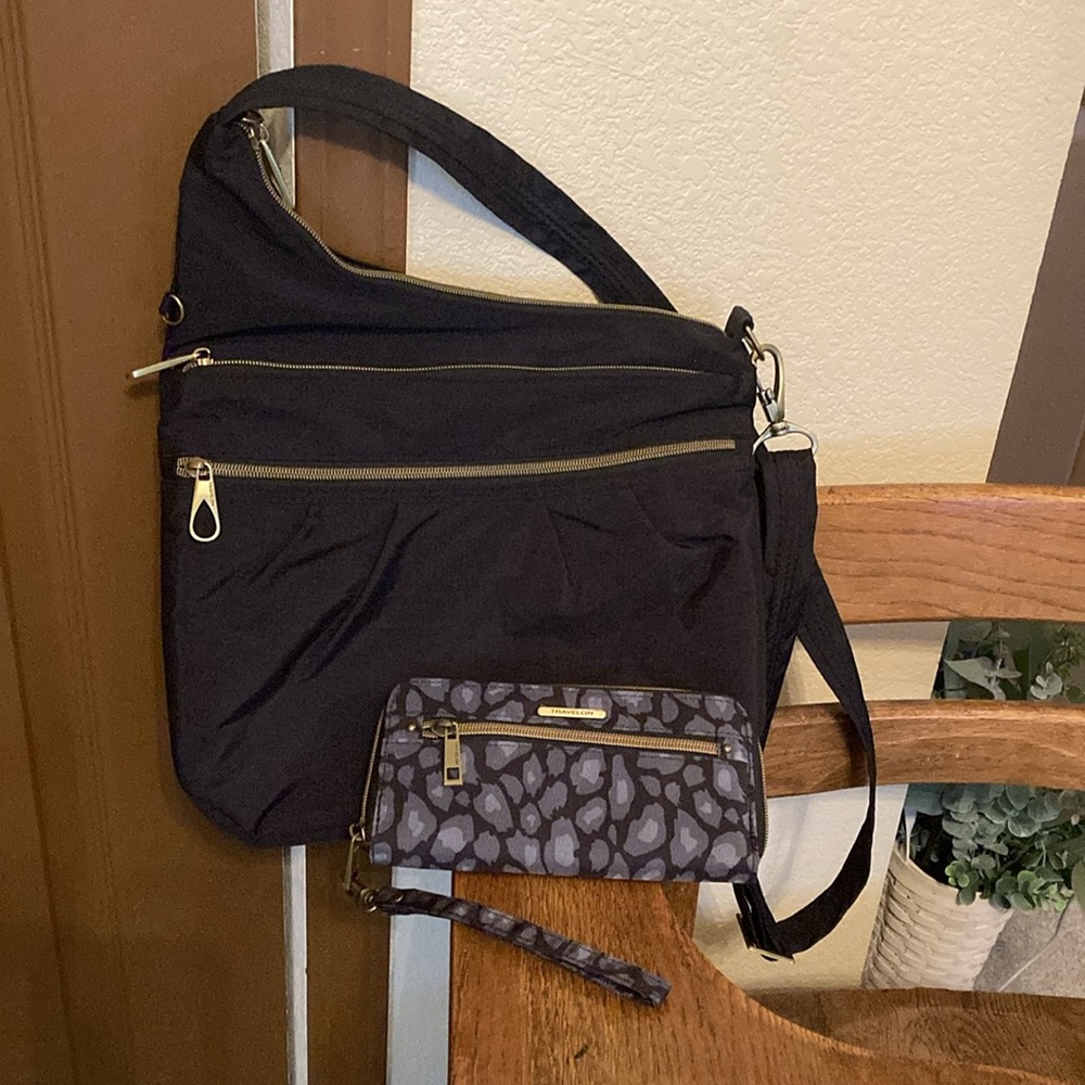 Travelon Anti-theft Signature 3 Compartment Crossbody Bag & Matching Wallet EUC